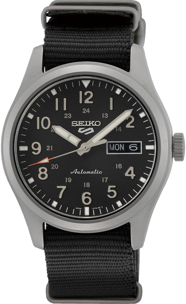 SEIKO SRPG37 Watch for Men - 5 Sports - Automatic with Manual Winding Movement, Black Dial, Stainless Steel Case, Black Nylon Strap, 100m Water Resistant, and Day/Date Display