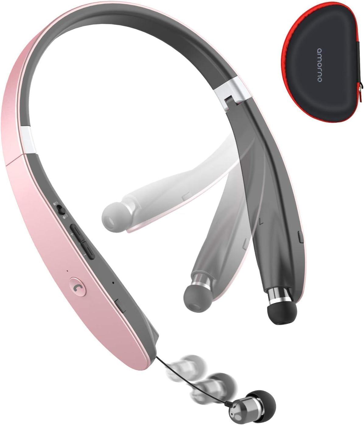 AMORNO Foldable Bluetooth Headphones Wireless Neckband Headset with Retractable Earbuds, Sports Sweatproof Noise Cancelling Stereo Earphones with Mic