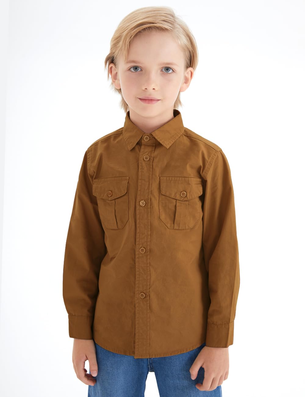 Spring&Gege Boys' Long Sleeve Button Down Shirt for Kids Woven Solid Two Pockets