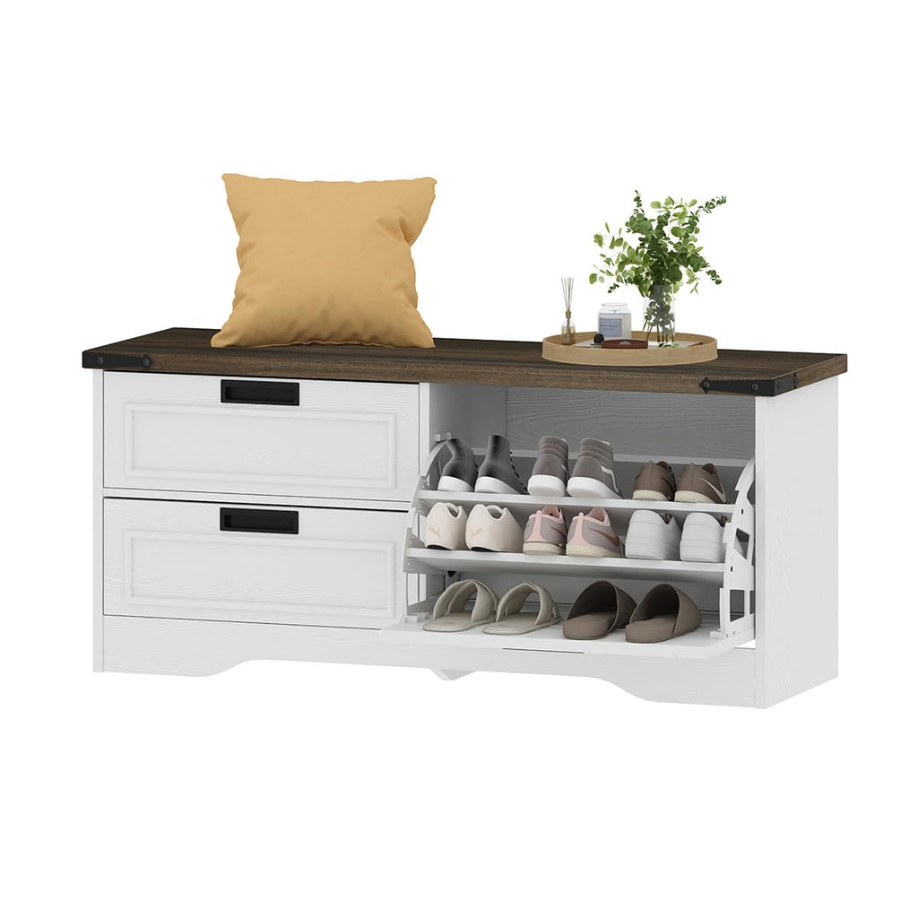 FATORRI Entryway Bench with Storage, 41 Inch Shoe Storage Bench, Industrial Wood Shoe Bench for Entry Way, Living Room, Bedroom and Mudroom (Black)
