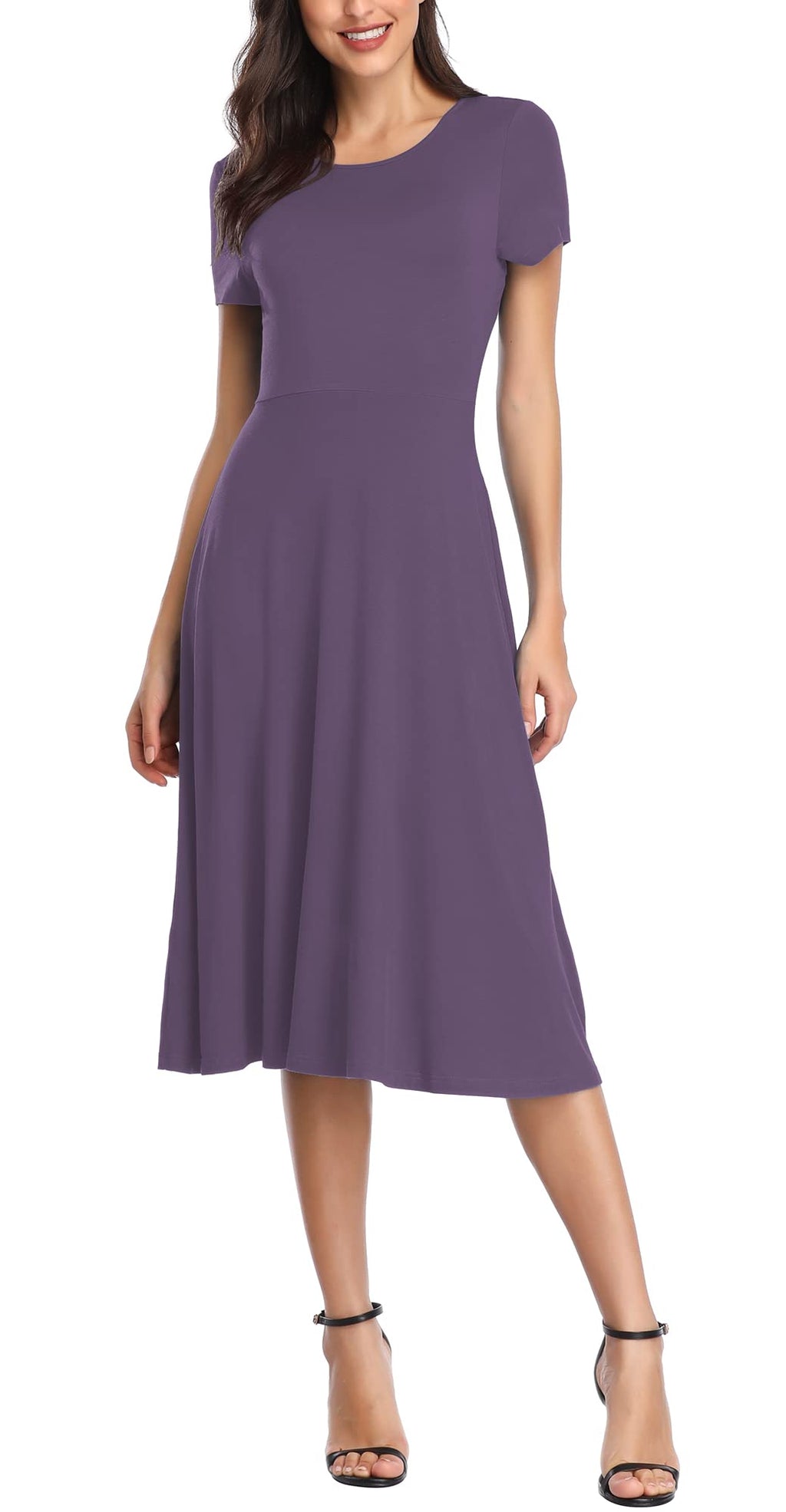 Urban CoCo Women's Vintage Short Sleeve High Waist Flared Midi Casual Summer Dress
