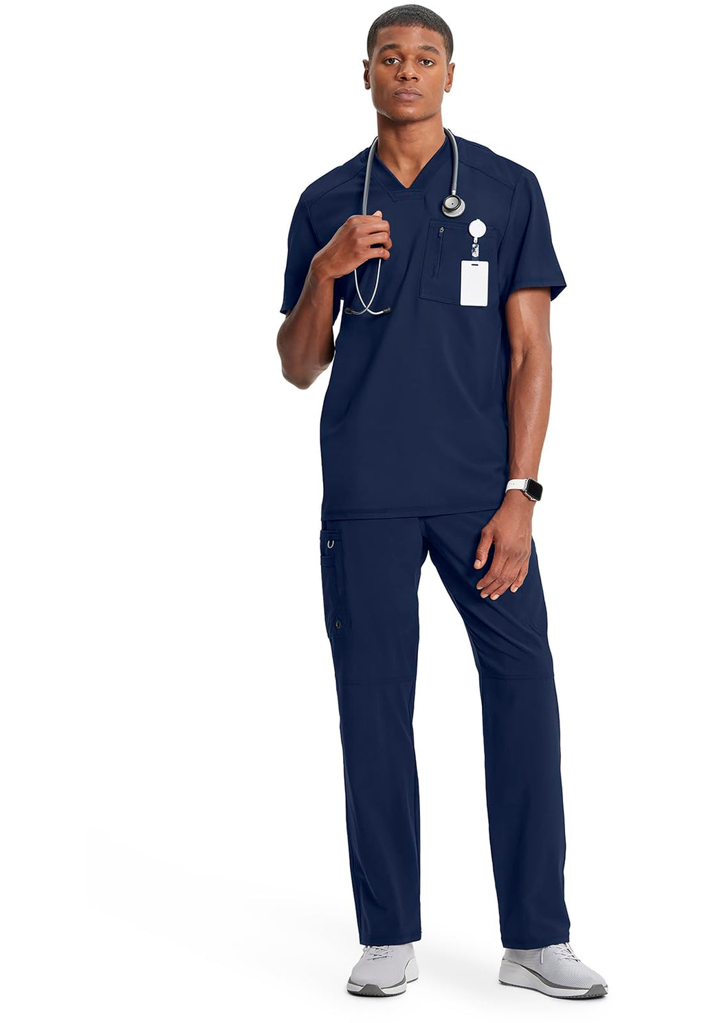 Cherokee Infinity Mens Tuckable V-Neck Scrub Top Modern Fit, 2 Pockets, Zip Chest Pocket, Rib-Knit, 360° Stretch – CK910A