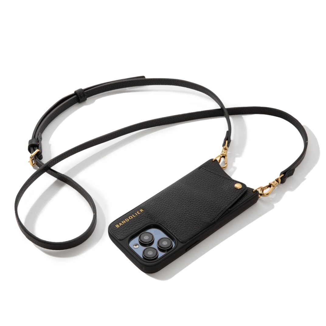 Bandolier Emma Crossbody Wallet Phone Case for iPhone 15 Pro Max. 100% Genuine Pebble Leather. Adjustable & Removable Crossbody Strap. Card Holder with Snap Closure. Black with Gold Hardware