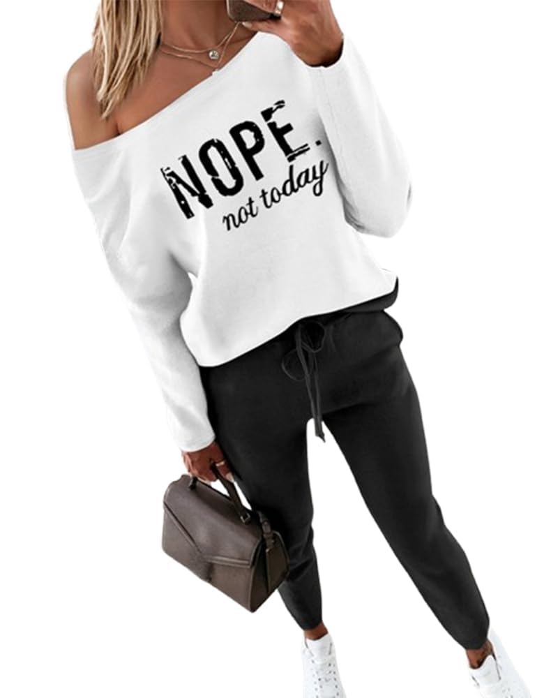 CHICME Women Tracksuit Fall 2 piece Outfits Off The Shoulder Long Sleeve Tops and Pants Set Travel Outfits