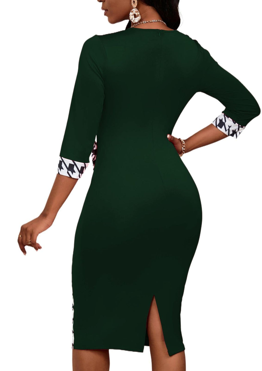 PerZeal Women's 3/4 Sleeve Round Neck Casual Houndstooth Bodycon Wear to Work Pencil Sheath Midi Dresses