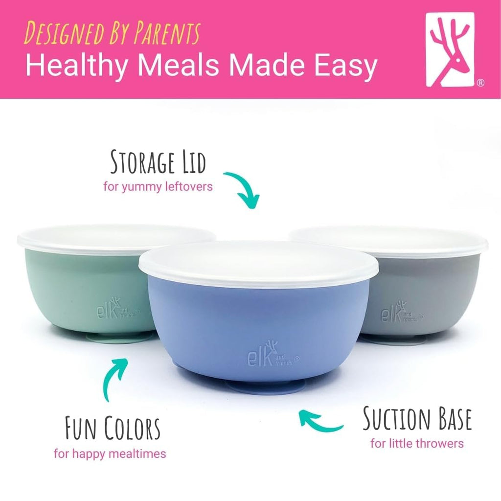 Elk and Friends Stainless Steel Bowls + Silicone Sleeve and Storage Lid | Baby, Toddler, Kids | Cereal & Snack Bowls | Storage Containers | Dishwasher Safe | 4 Pack
