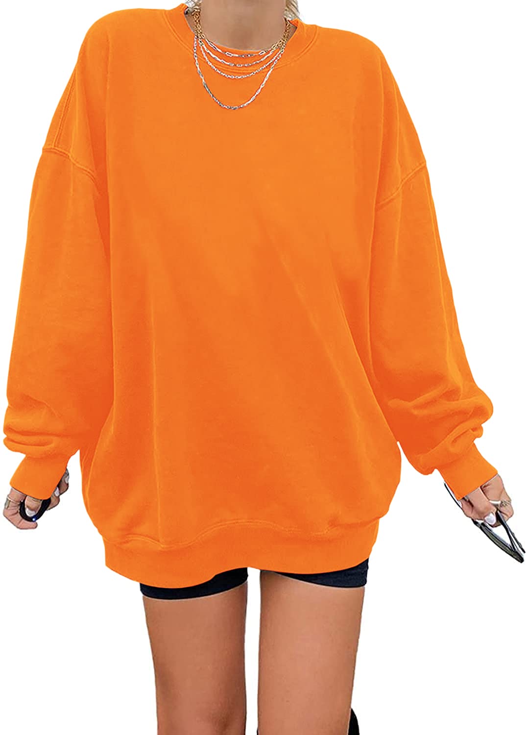 Ebifin Women's Oversized Long Sleeve Sweatshirts Pure Color Round Neck Casual Pullover Shirt
