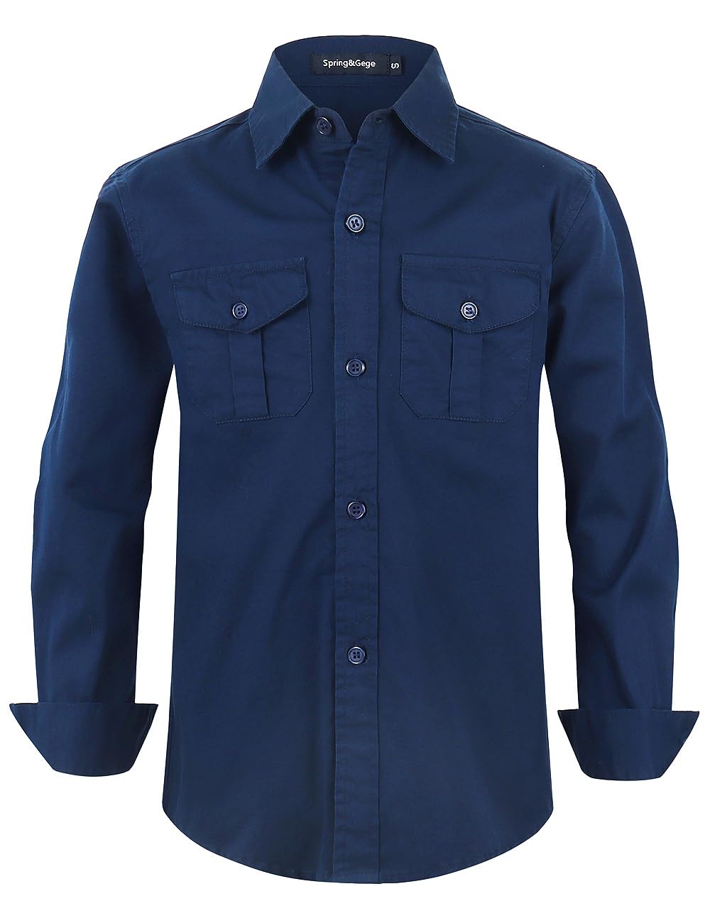 Spring&Gege Boys' Long Sleeve Button Down Shirt for Kids Woven Solid Two Pockets