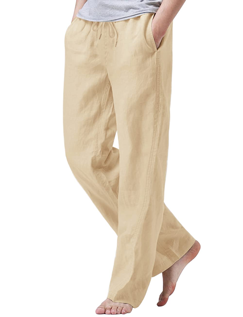 iWoo Linen Pants Men Casual 2025 Summer Beach Elastic Drawstring Waist Yoga Pants Travel Baggy Work Pant Pajama