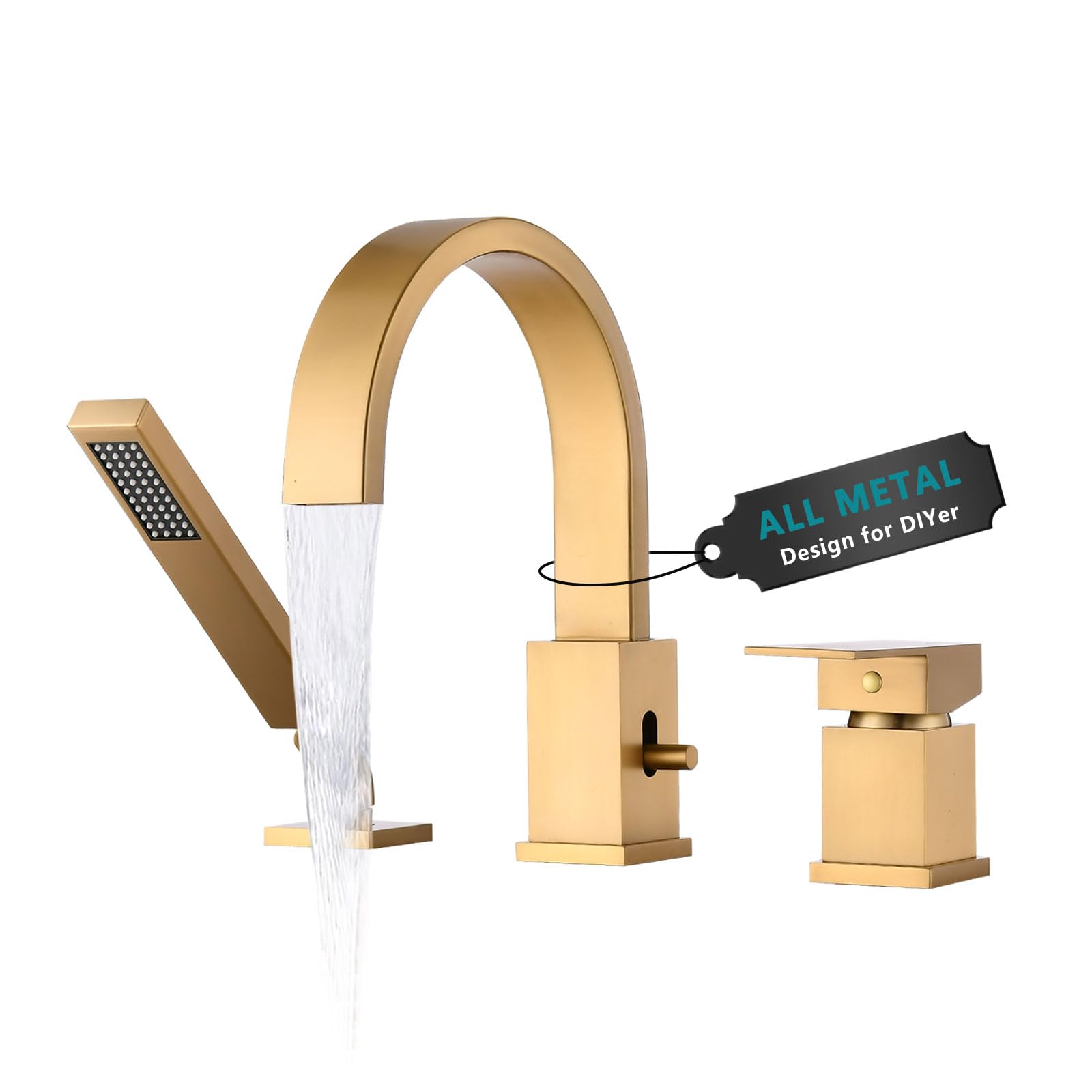 Brass Roman Tub Faucet with Sprayer, Deck Mount Bathtub Faucet with Hand Shower, 3 Hole Waterfall Faucet with 360 Spout, Single Handle Tub Filler with 8 GPM High Flow, Brushed Gold
