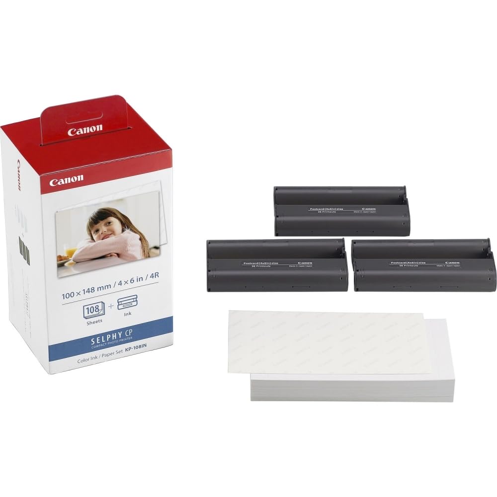 Canon SELPHY CP1500 Compact Photo Printer | Black with KP-108IN Color Ink and Paper Set (2 Items)