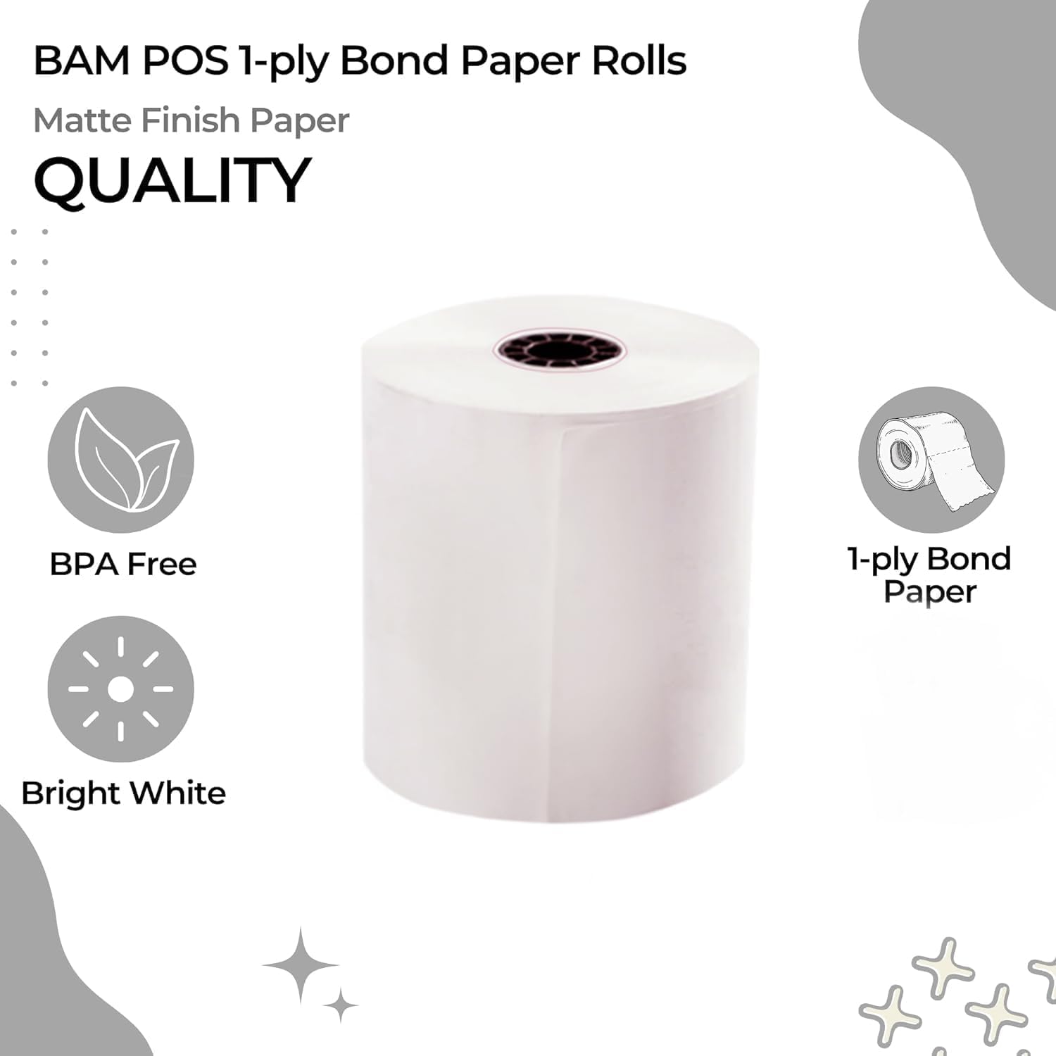 BAM POS 3" x 150' 1ply Bond (Non-Thermal) Receipt Paper Rolls for Kitchen Impact Printers TMU200, SRP275 Star SP700 - Suitable For Printing Kitchen Tickets and Order receipts (12 Rolls Per Case)