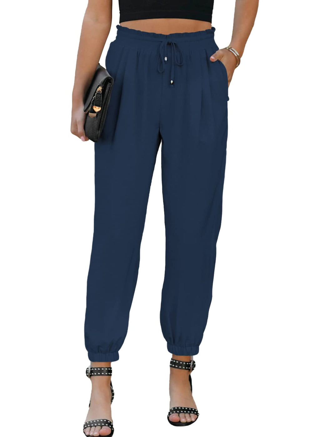 EVALESS Womens 2026 Summer Casual Pants Drawstring Elastic High Waisted Work Trousers Joggers Trendy Harem Pants with Pockets