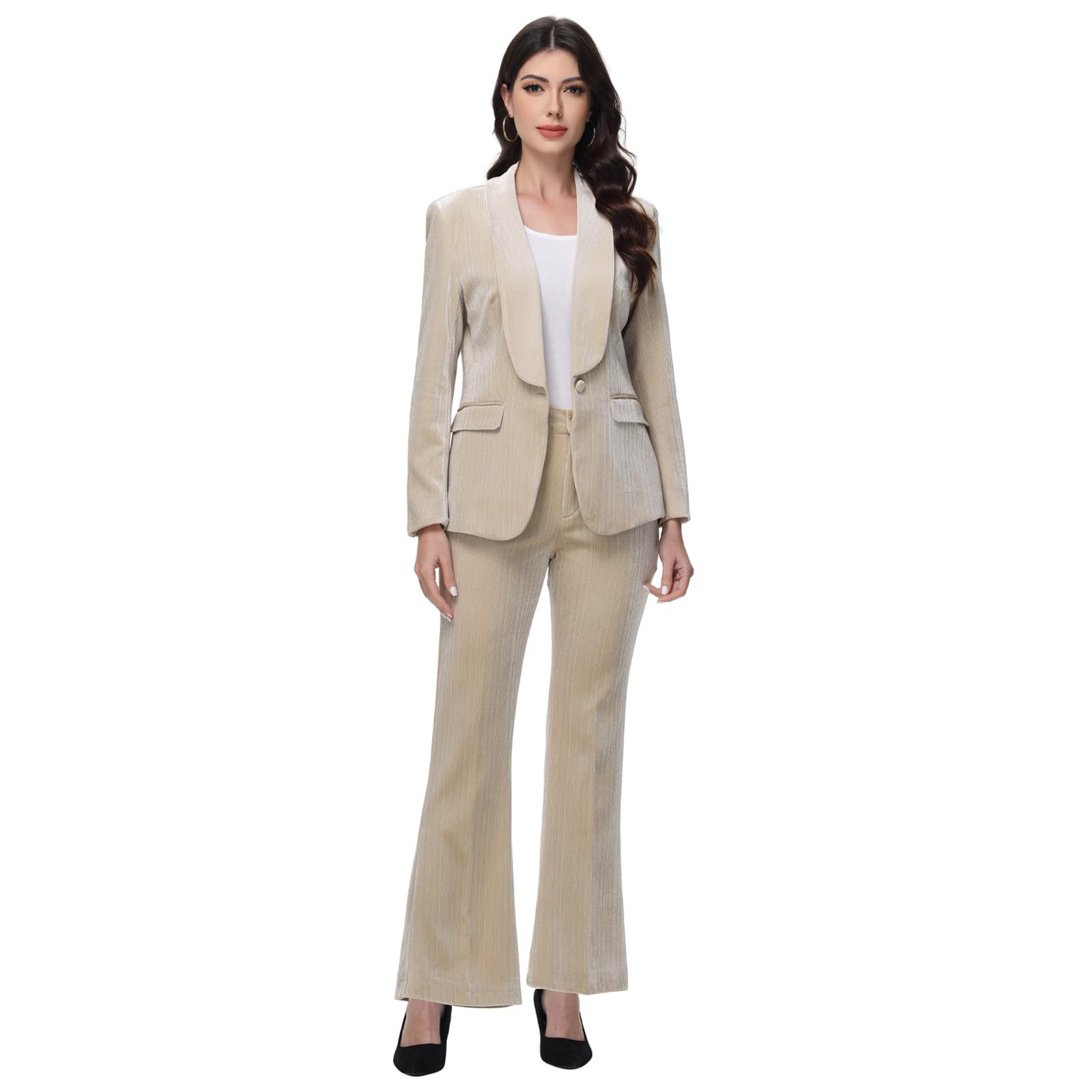 Lamgool Women Pantsuit Dressy Silver Thread Velvet 2 Piece Suit Set Blazer and Flared Pants