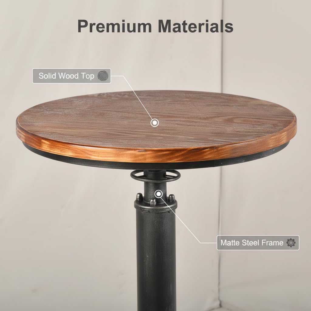 LOKKHAN Industrial Bar Table 38.6"-48.4" Height Adjustable Swivel Round Wood Tabletop 23.7" Dia, Kitchen Dining Office Coffee Bistro Pub Table (Aged Blue)