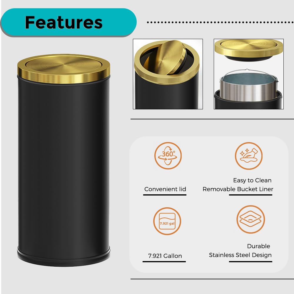 7.92 gallon/30L Kitchen Trash Can with Lid,Tall Slim,Elegant,Black,Brushed Stainless Steel Lgarbage Can for Office,Hotel,Kitchen (30Lblack)