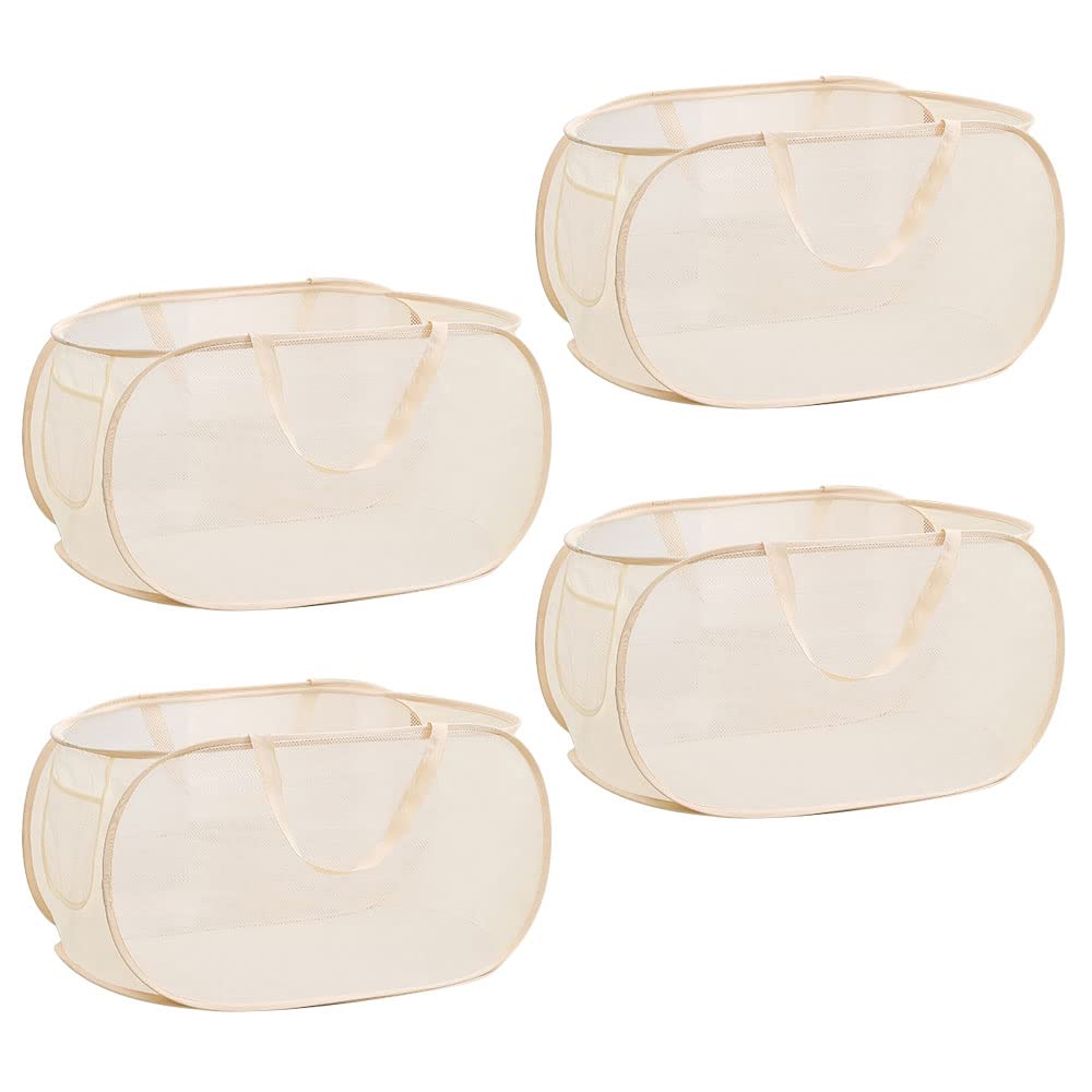 4Pcs Beige Canvas Laundry Hamper, Foldable Pop-up Mesh Basket, Large Capacity, Opening Design, Side Storage Bag, Versatile Use-Home, Camping, Dorm, Hotel, Travel