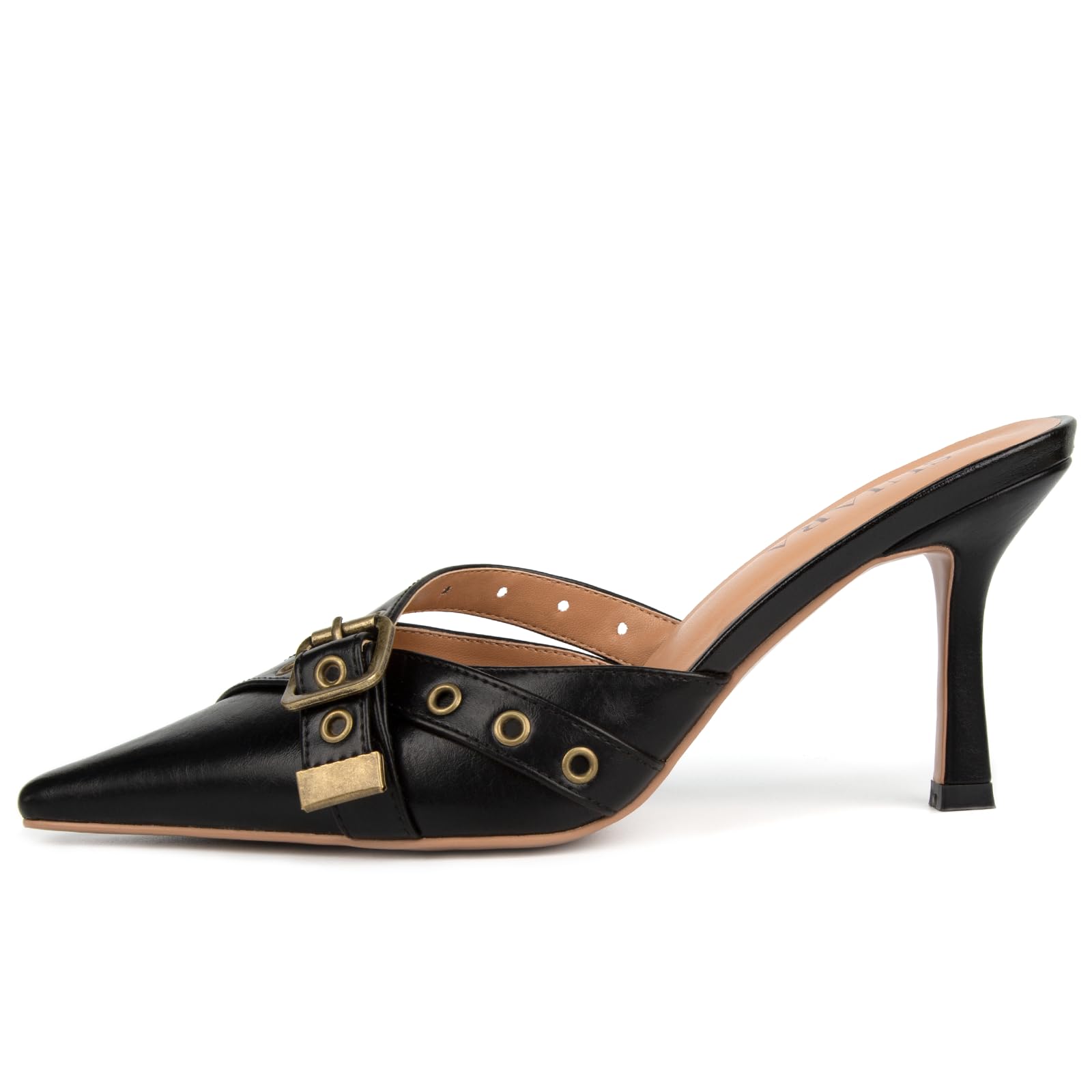 Kitten Heels for Women Closed Toe Heels Vintage Heeled Mules Sexy Pointy Studded Slip on Stiletto Dressy Pumps