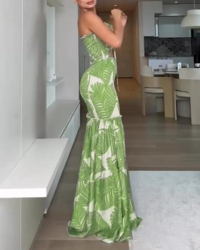 CHICME Floral Printed Vacation Dress Halter Tie Ruched Shirred Bandeau Party Dress Slim Ruffle Hem Wedding Guest Dress