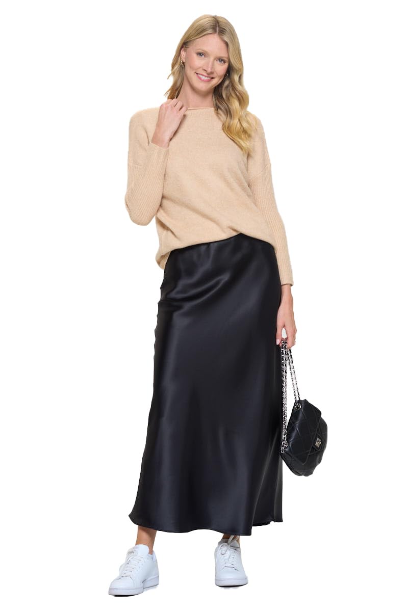 Women's Solid Satin High Waist Midi Long Skirt Hidden Elastic Waistband Skirt for Women-Made in USA