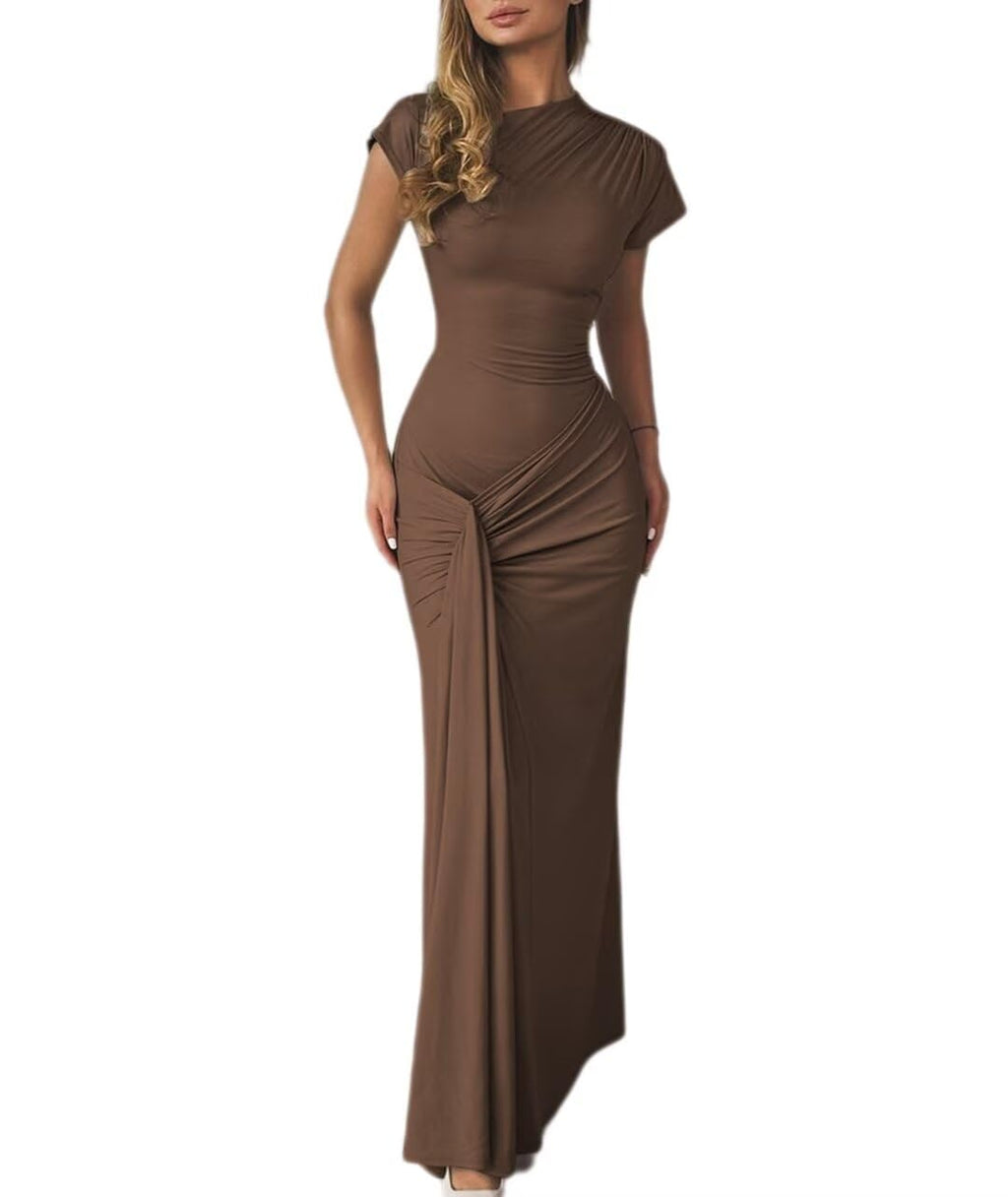 Mojessy Women Bodycon Maxi Dress Sexy Mock Neck Lace Up Bandage Ruched Short Sleeve Long Dress Cocktail Dress