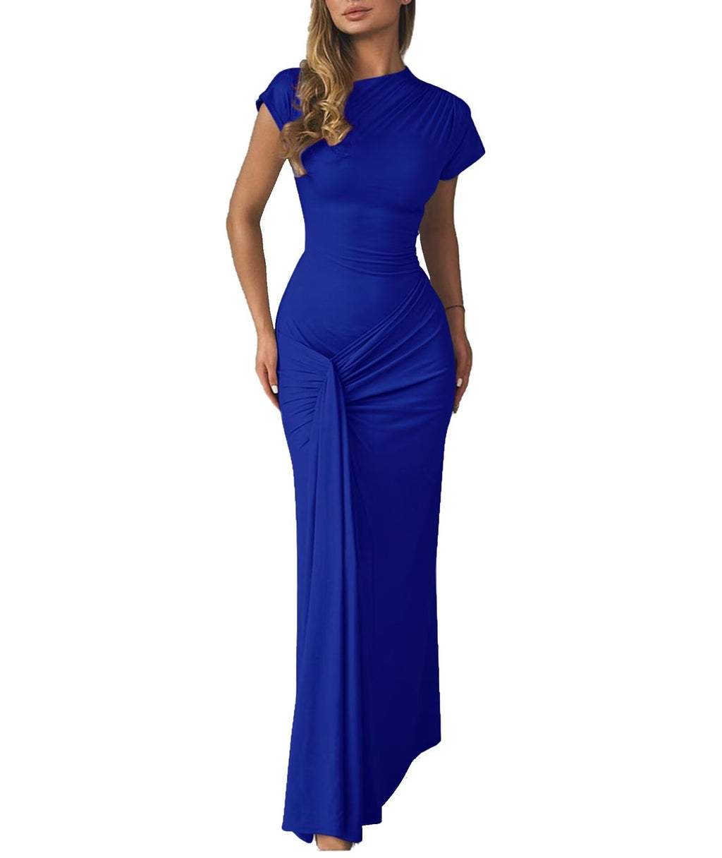 Mojessy Women Bodycon Maxi Dress Sexy Mock Neck Lace Up Bandage Ruched Short Sleeve Long Dress Cocktail Dress