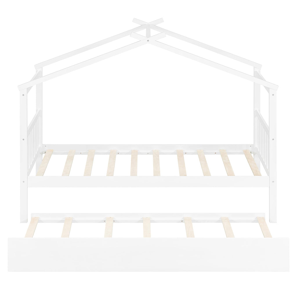 Merax Twin Size Wooden House Bed with Two Drawers, Wood Bed Frame with Roof for Kids, Teens, Boys or Girls, Grey