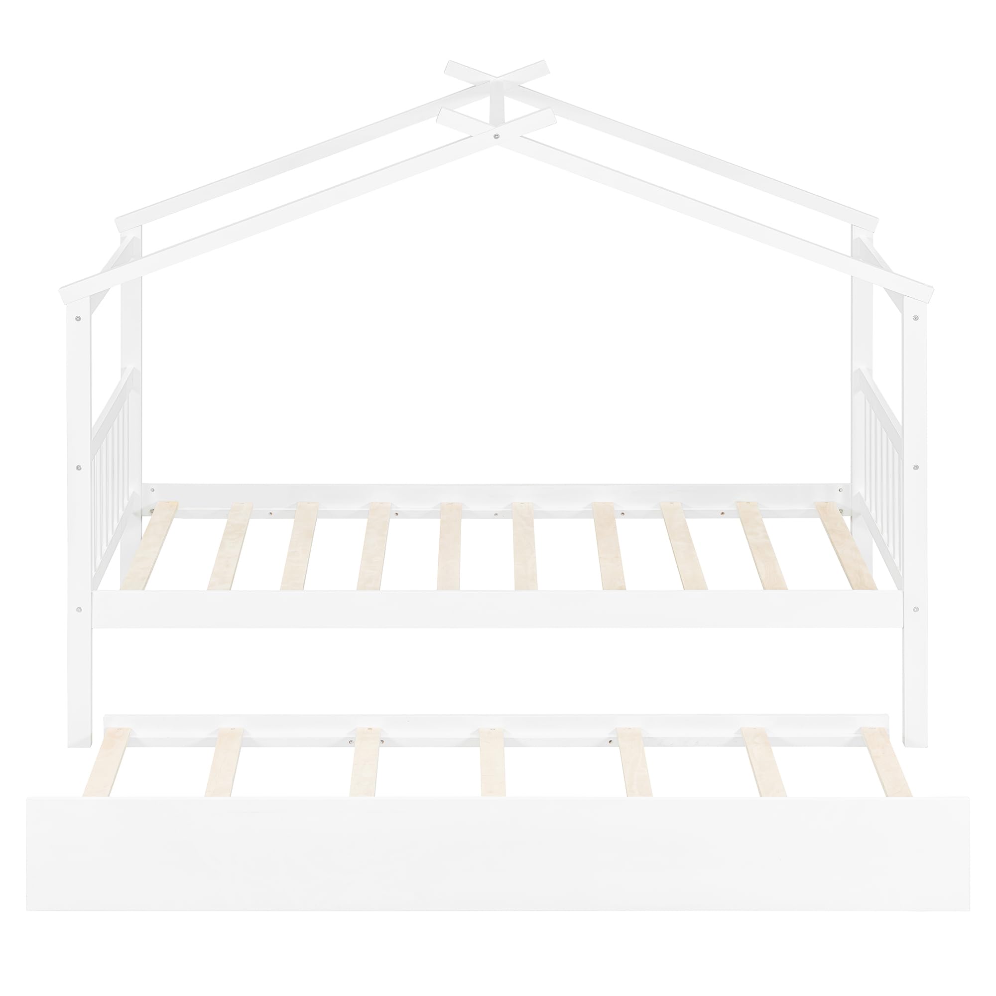 Merax Twin Size Wooden House Bed with Two Drawers, Wood Bed Frame with Roof for Kids, Teens, Boys or Girls, Grey