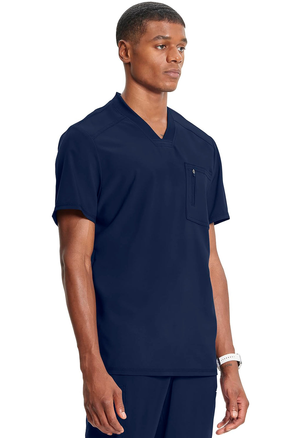 Cherokee Infinity Mens Tuckable V-Neck Scrub Top Modern Fit, 2 Pockets, Zip Chest Pocket, Rib-Knit, 360° Stretch – CK910A