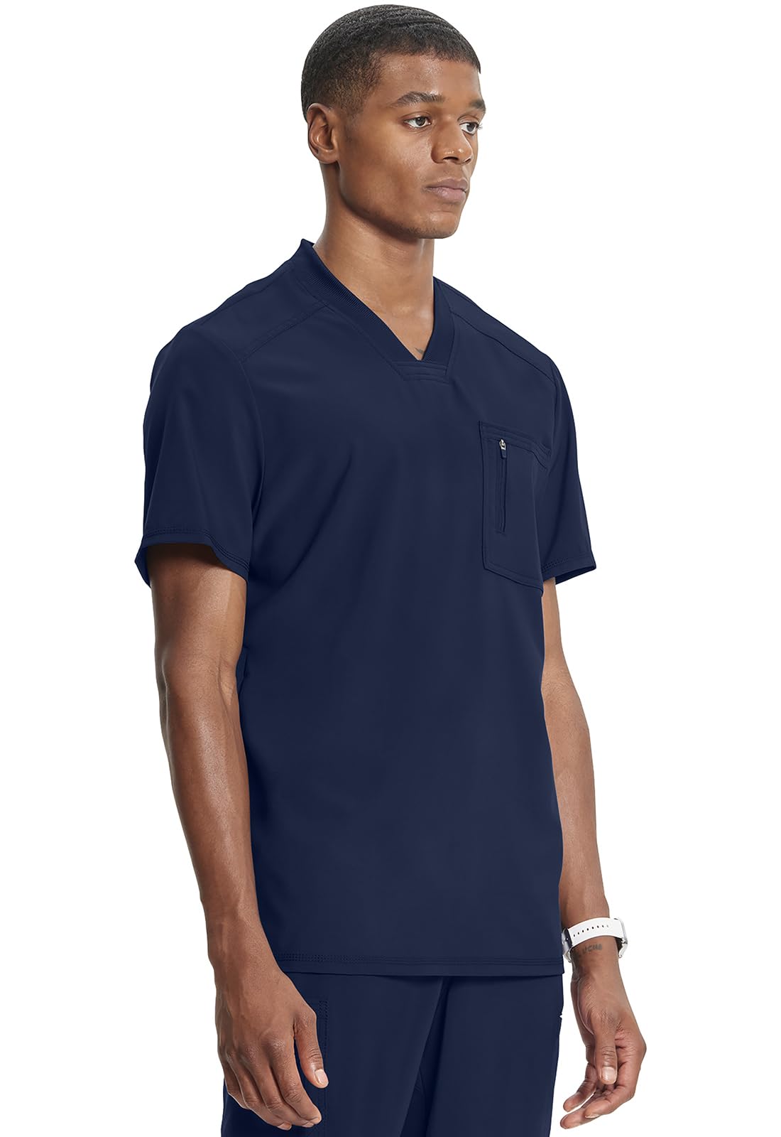 Cherokee Infinity Mens Tuckable V-Neck Scrub Top Modern Fit, 2 Pockets, Zip Chest Pocket, Rib-Knit, 360° Stretch – CK910A