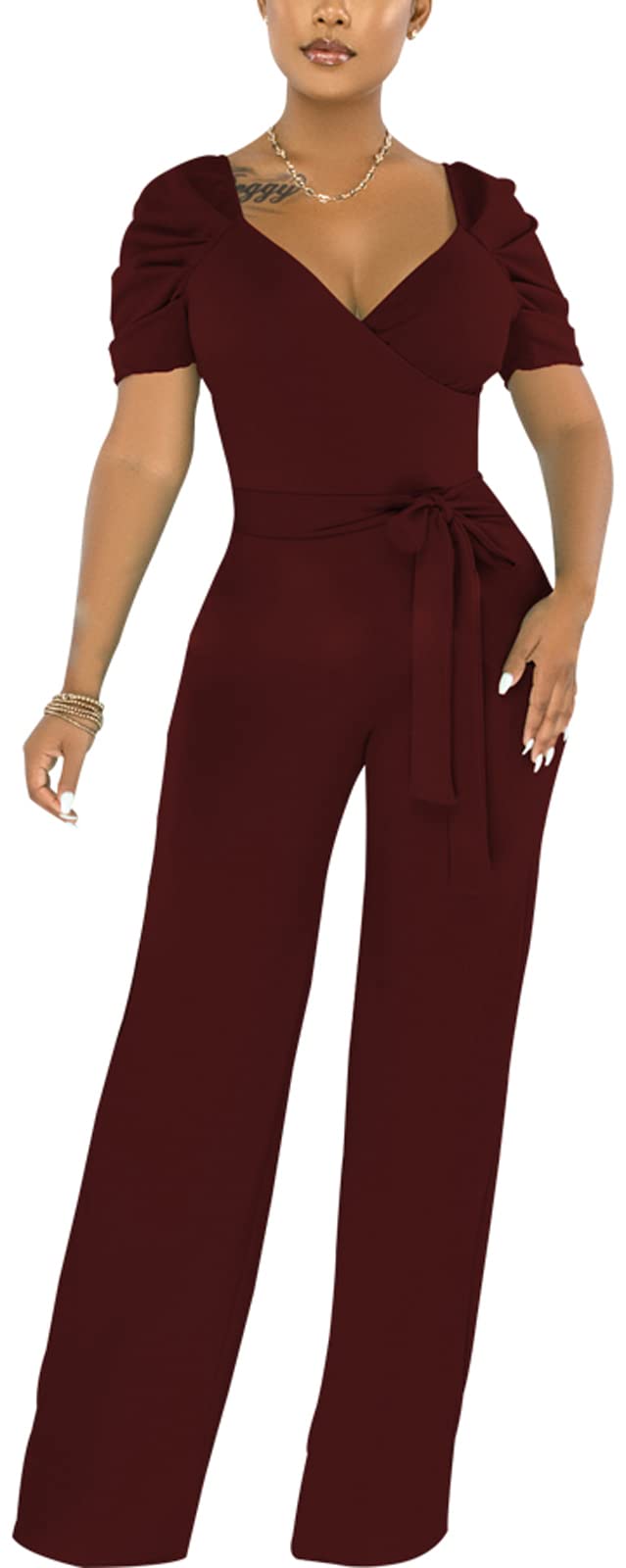 PaladMom Womens Elegant Plus Size Jumpsuits Sexy Back zipper Short Sleeve Mid Waist Wide Leg Straight Rompers