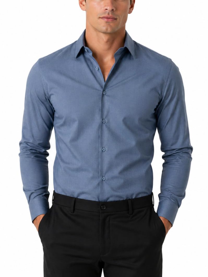 FAHIZO Men's Dress Shirt Casual Regular Fit Stretch Solid Long Sleeve Button Up Shirts