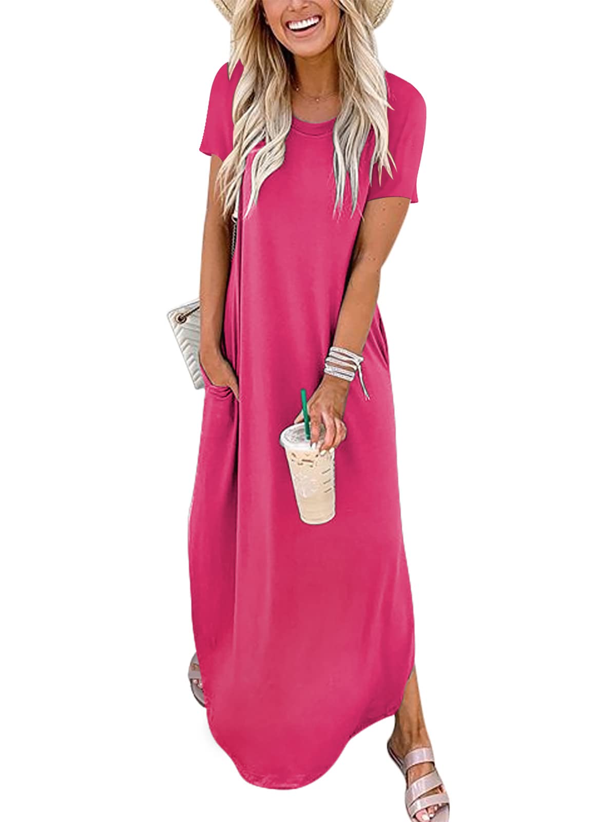 ANRABESS Womens Summer Maxi Dress Short Sleeve Casual Loose Long T Shirt Dresses Split Vacation Beach Sundress Travel Outfits