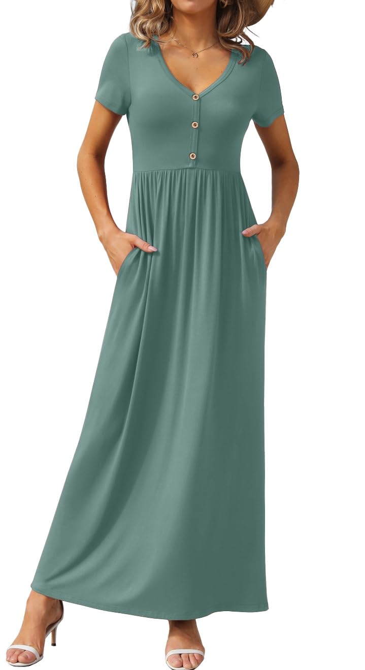 GRECERELLE Womens Summer Long Maxi Dresses 2026 Short Sleeve V Neck Casual Button Dress with Pockets