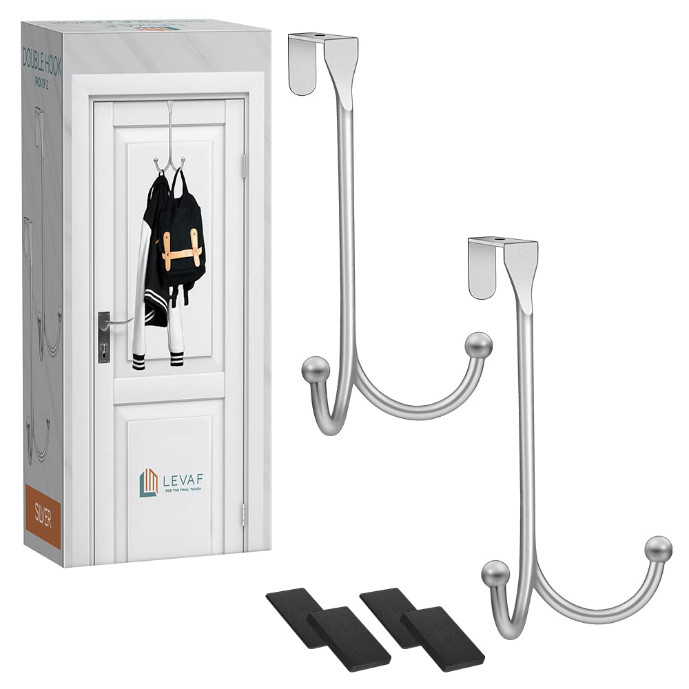 2-Pack Over The Door Hooks - with 2 Hang Heads & Snug Fit Pads Heavy Duty Hook for Hanging Coats, Towels, Caps & Robes - Elegant Matt Finish - No Drill Hanger Organizer - Black