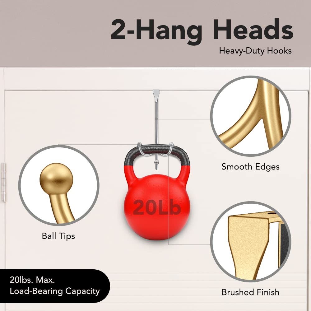 2-Pack Over The Door Hooks - with 2 Hang Heads & Snug Fit Pads Heavy Duty Hook for Hanging Coats, Towels, Caps & Robes - Elegant Matt Finish - No Drill Hanger Organizer - Black