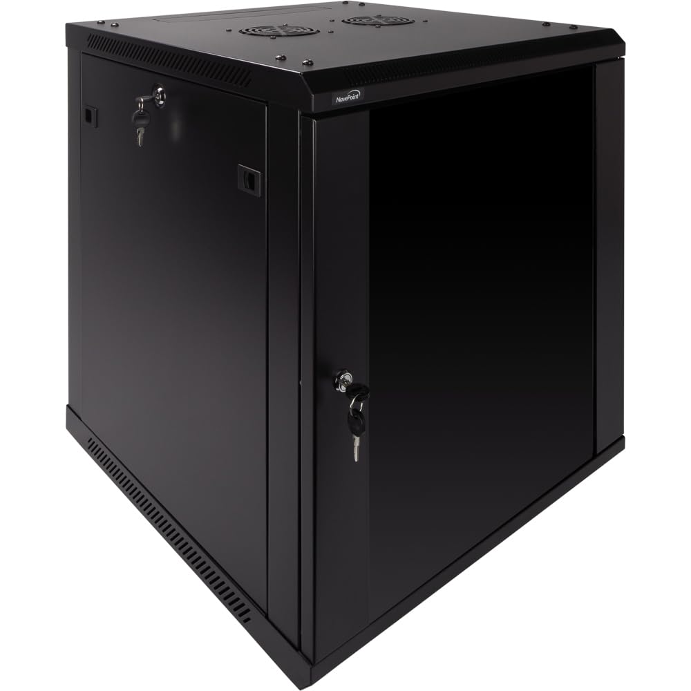NavePoint 12U Server Rack Enclosure - 23.6” Deep, Wall Mount Network Cabinet with Locking Glass Door for 19” IT Equipment, Network Rack with 2 Fans, Removable Side Panels, Black