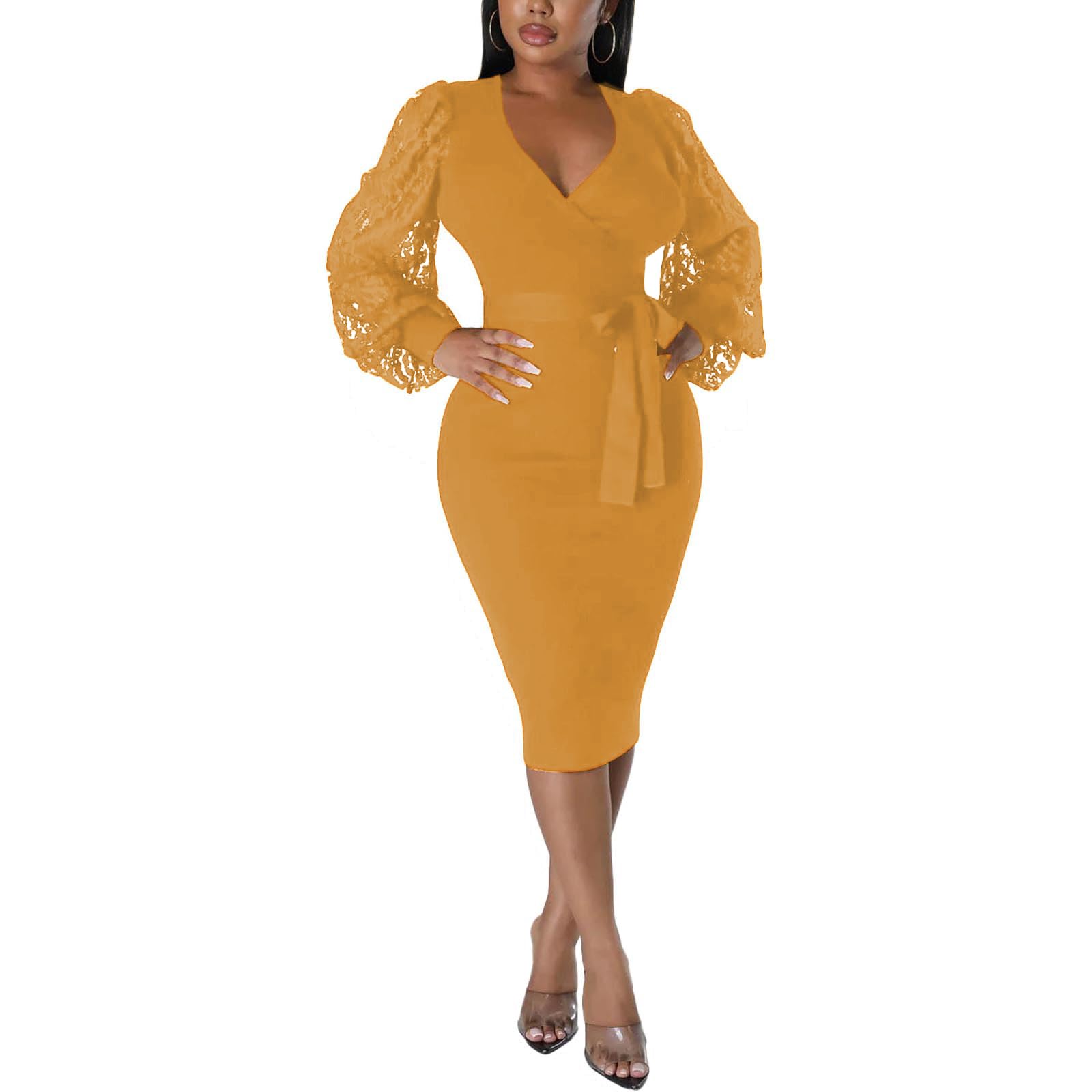 BOGURST Semi Formal Church Dresses for Women Bishop Sleeve Sexy V Neck Bodycon Midi Dresses
