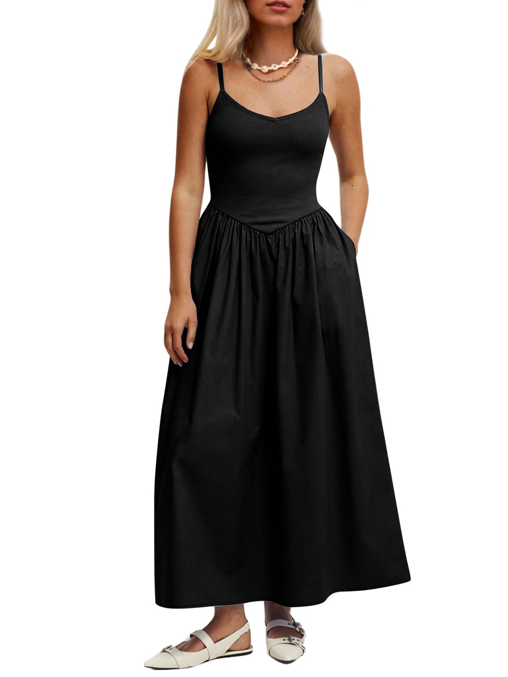 Mieazom Women’s Sleeveless V-Neck Maxi Dress with Pockets – Slim Fit Casual Summer Spaghetti Strap Dress for Vacation