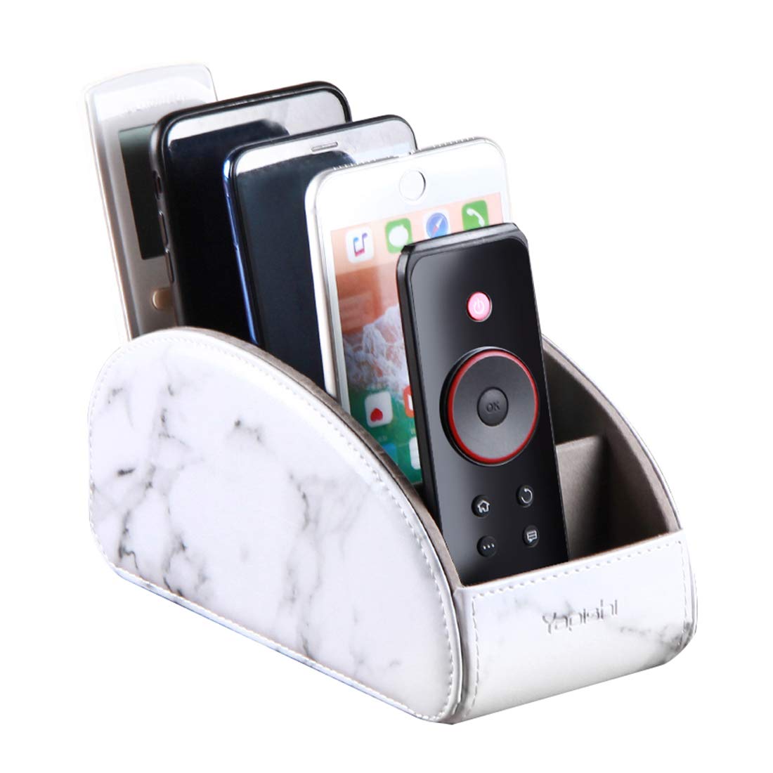 YAPISHI All-in-One Leather Brown TV Remote Holder with 5 Compartments Nightstand Desktop Media Player Remote Caddy Storage Box Organizer Tray for Mobile Office Phone Controller