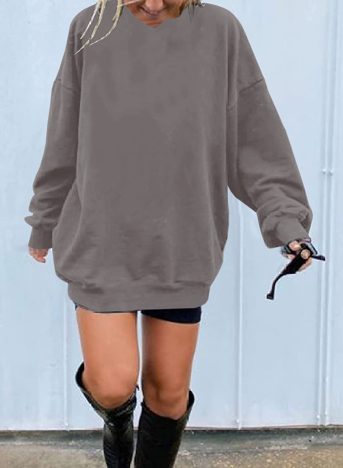 Ebifin Women's Oversized Long Sleeve Sweatshirts Pure Color Round Neck Casual Pullover Shirt