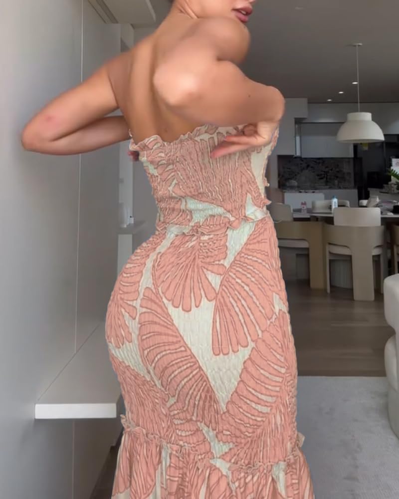 CHICME Floral Printed Vacation Dress Halter Tie Ruched Shirred Bandeau Party Dress Slim Ruffle Hem Wedding Guest Dress