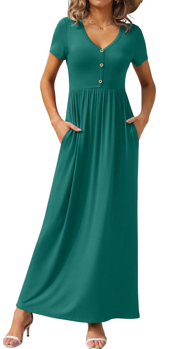 GRECERELLE Womens Summer Long Maxi Dresses 2026 Short Sleeve V Neck Casual Button Dress with Pockets