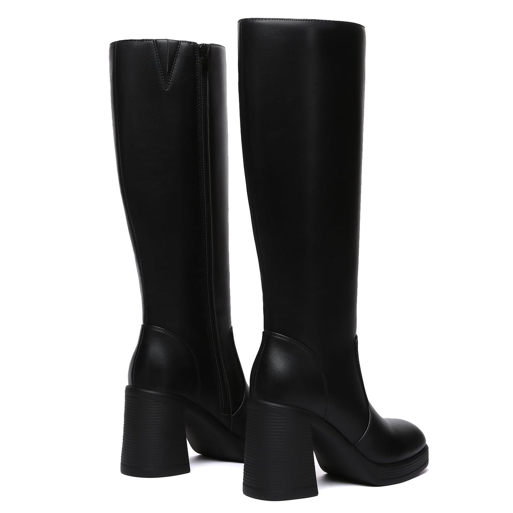 Athlefit Black Knee High Boots for Women Platform Tall Boots Fashion Square Toe Chunky Heeled Booties