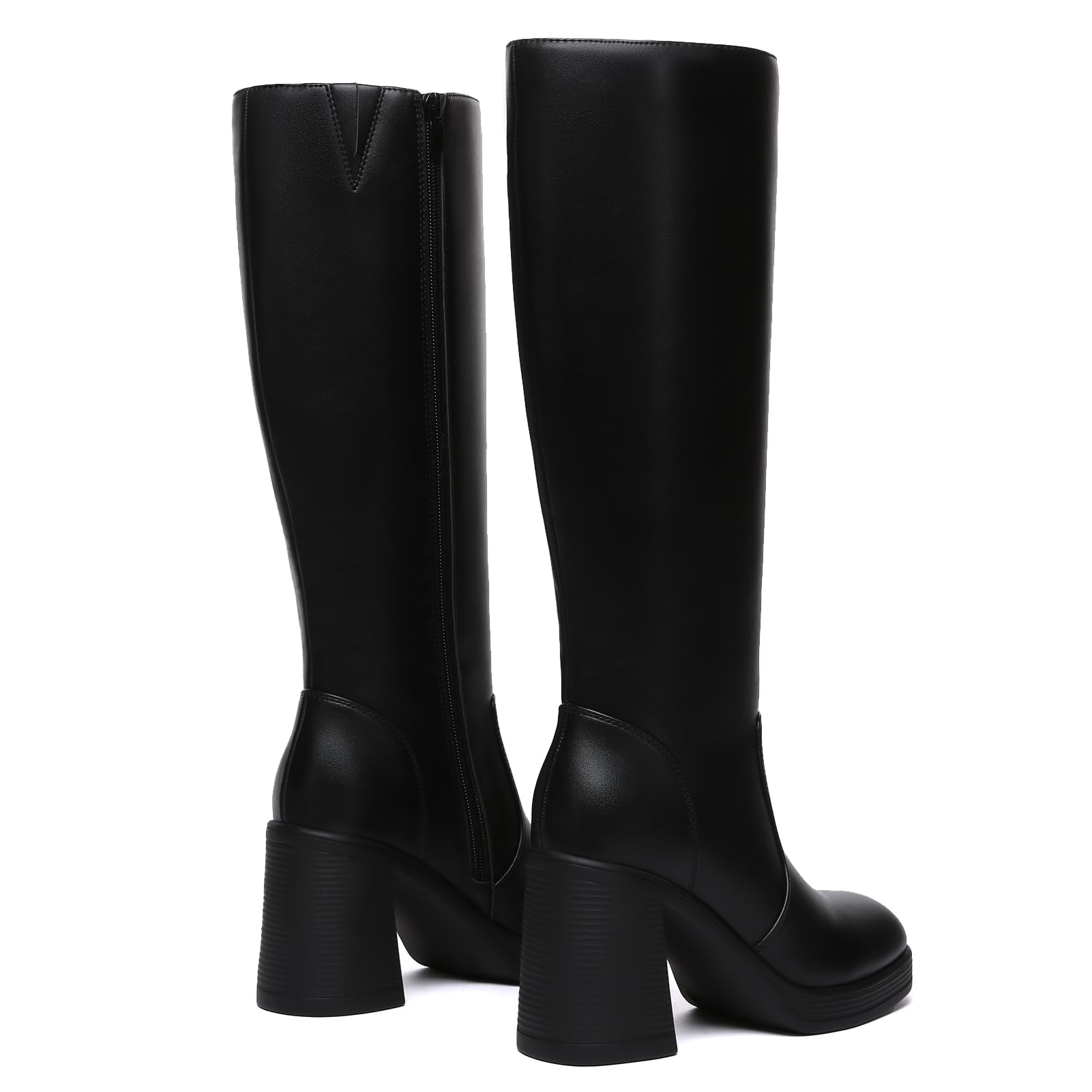Athlefit Black Knee High Boots for Women Platform Tall Boots Fashion Square Toe Chunky Heeled Booties
