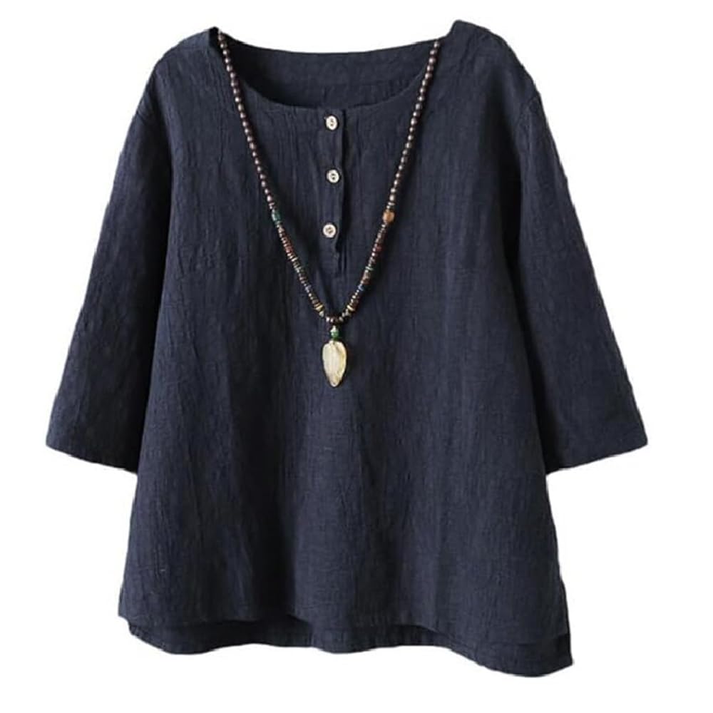 Minibee Women's 3/4 Sleeve Cotton Linen Jacquard Blouses Top T-Shirt
