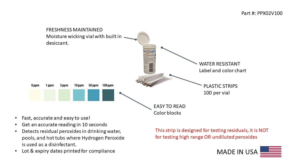 Hydrogen Peroxide H2O2 0-100 ppm Test Strips, Low Level (Bottle of 100) | Monitor residual peroxide levels in drinking water, pools, hot tubs, cold plunges and float tanks