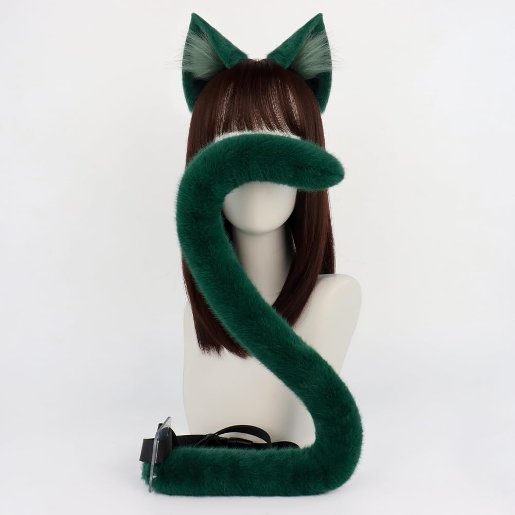 QinRuan Animal Cosplay Costume Accessories Furry Faux Fur Cat Ears Headband and Fox Tail Set Halloween Accessory