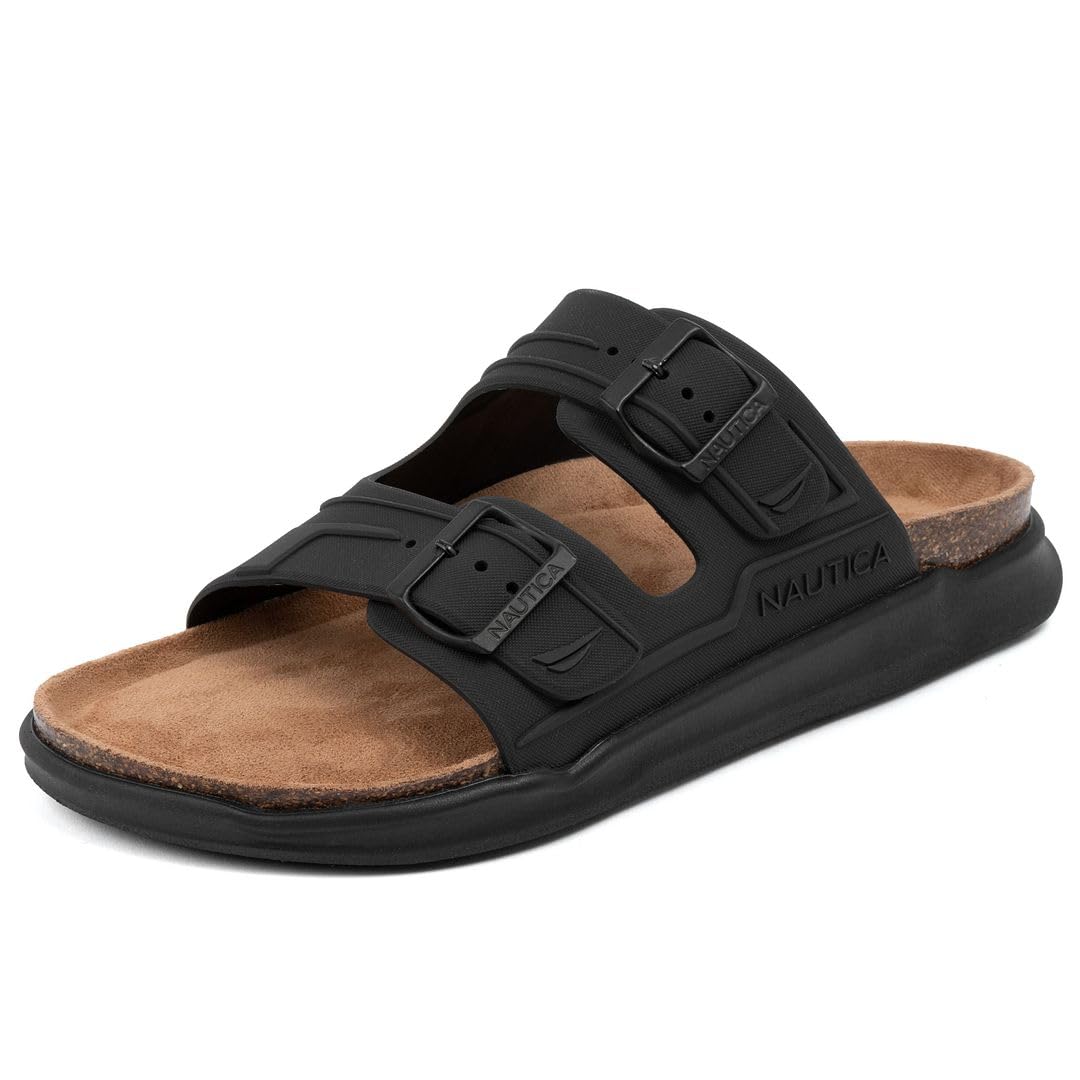 Nautica Men's Sandals - Casual Slides with 2 Adjustable Buckle Straps and Cork Footbed for Ultimate Comfort and Style (Regular/Wide Width, Big Size)