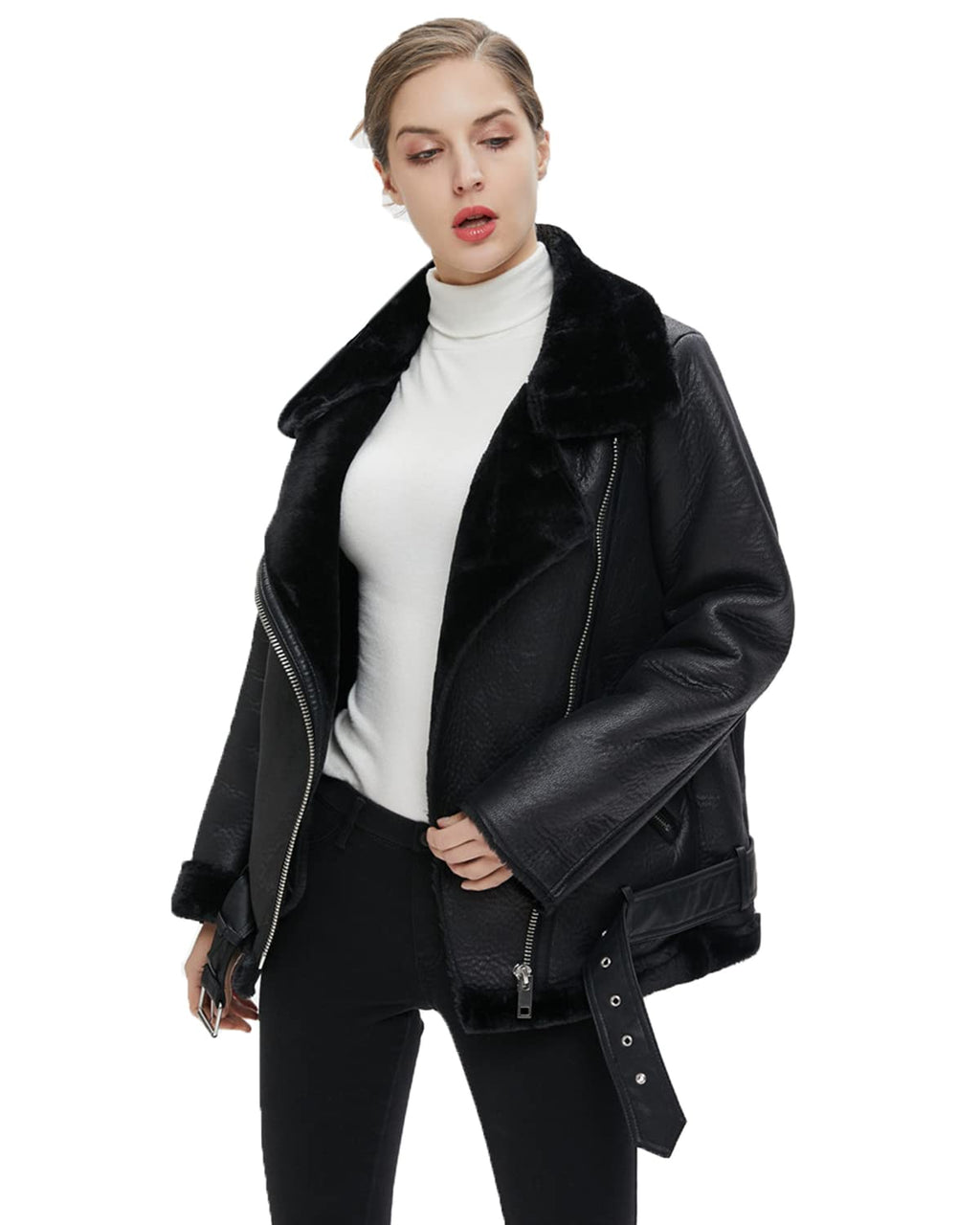 LY VAREY LIN Women's Faux Shearing Moto Jacket Thick Lined Parka Winter Shearling Coat Leather Jacket